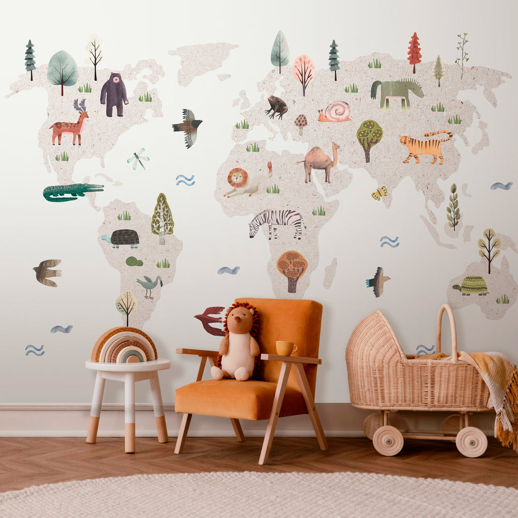 Wall Mural Beige World Continents with Animals