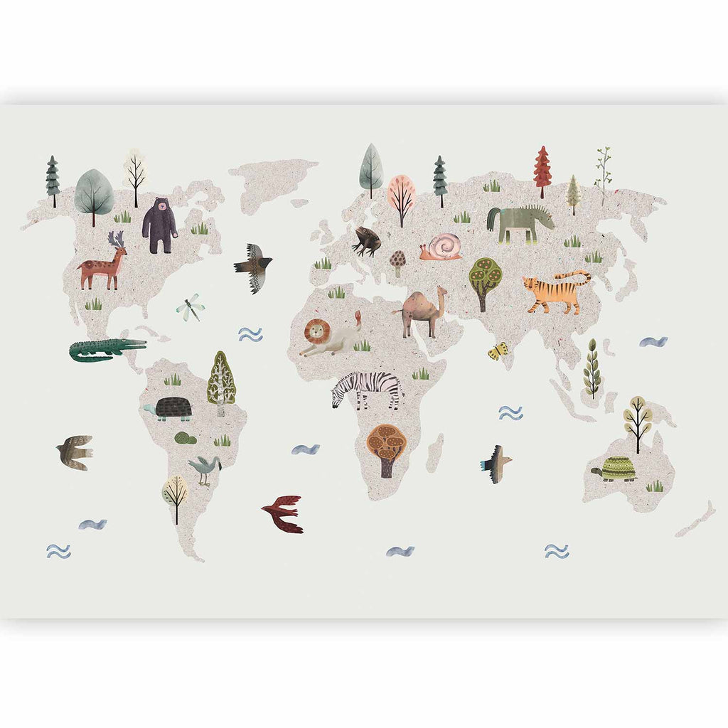 Wall Mural Beige World Continents with Animals