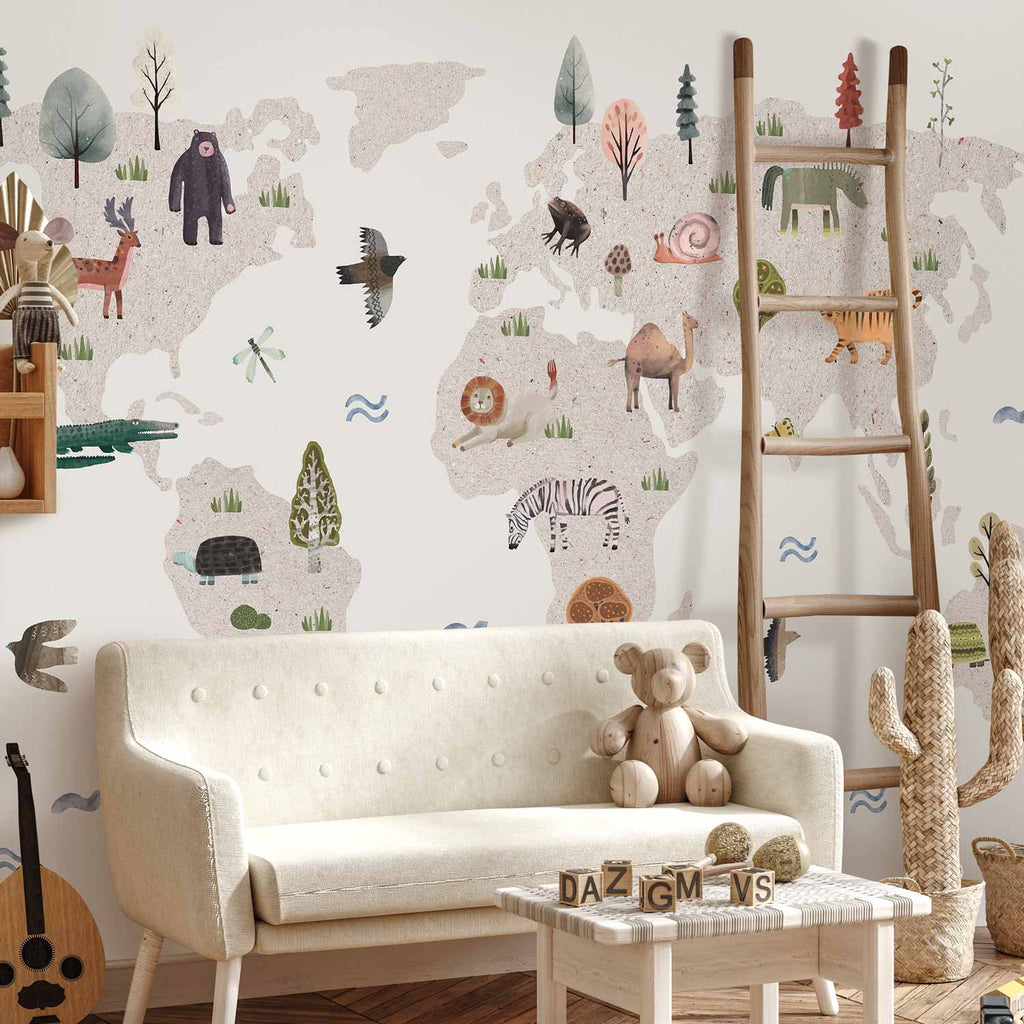 Beige World Map Animals Wall Mural