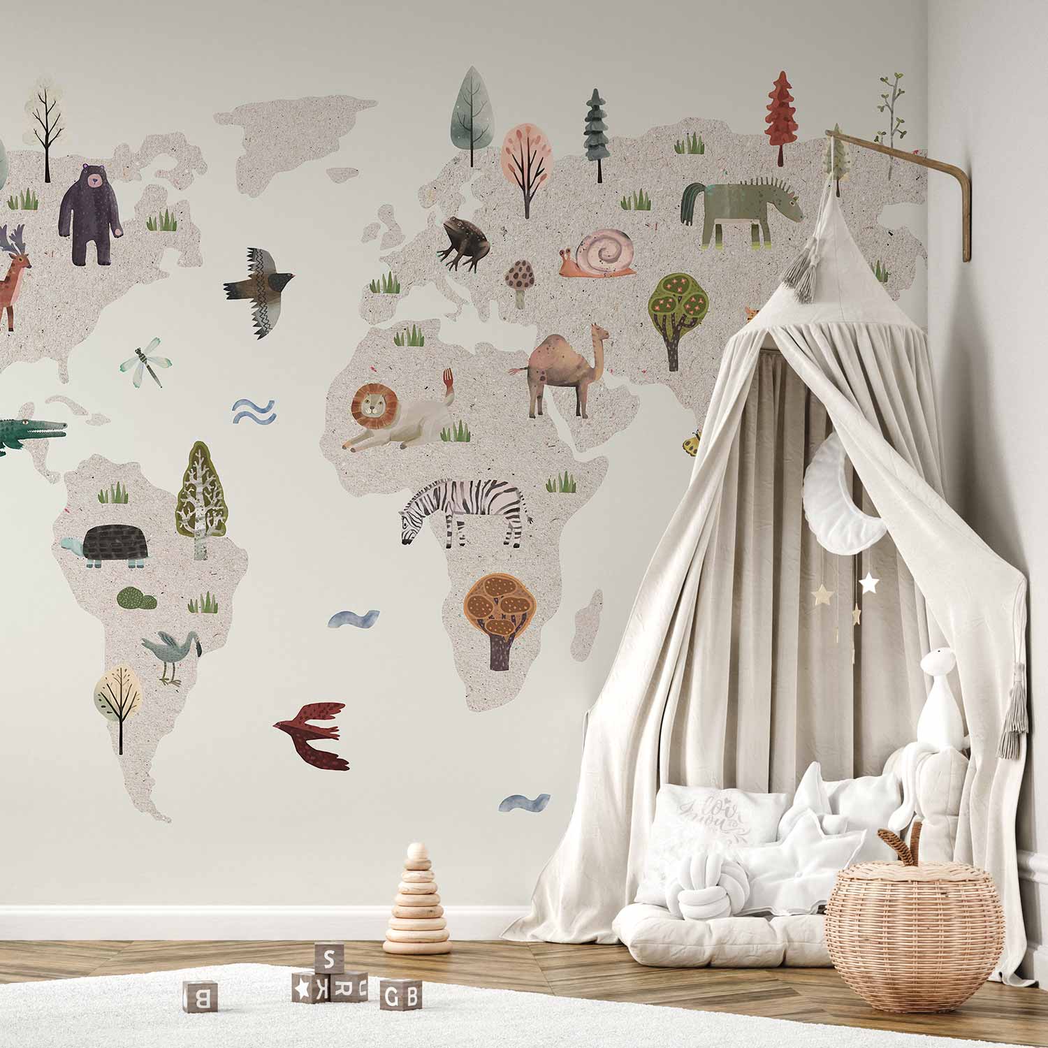 Wall Mural Beige World Continents with Animals