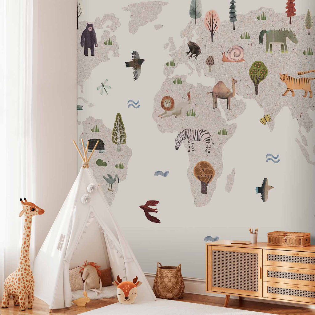 Beige World Map Animals Wall Mural