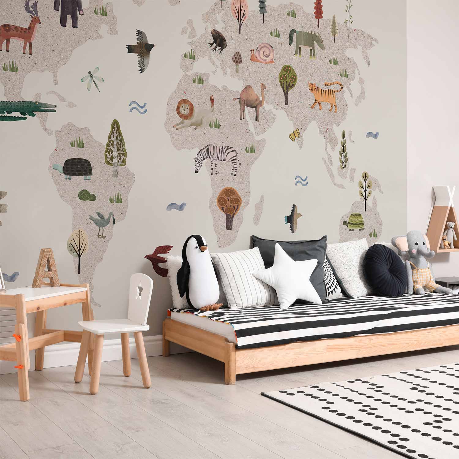 Beige World Map Animals Wall Mural