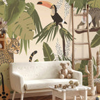 Faded Jungle Leaves and Animals Wall Mural