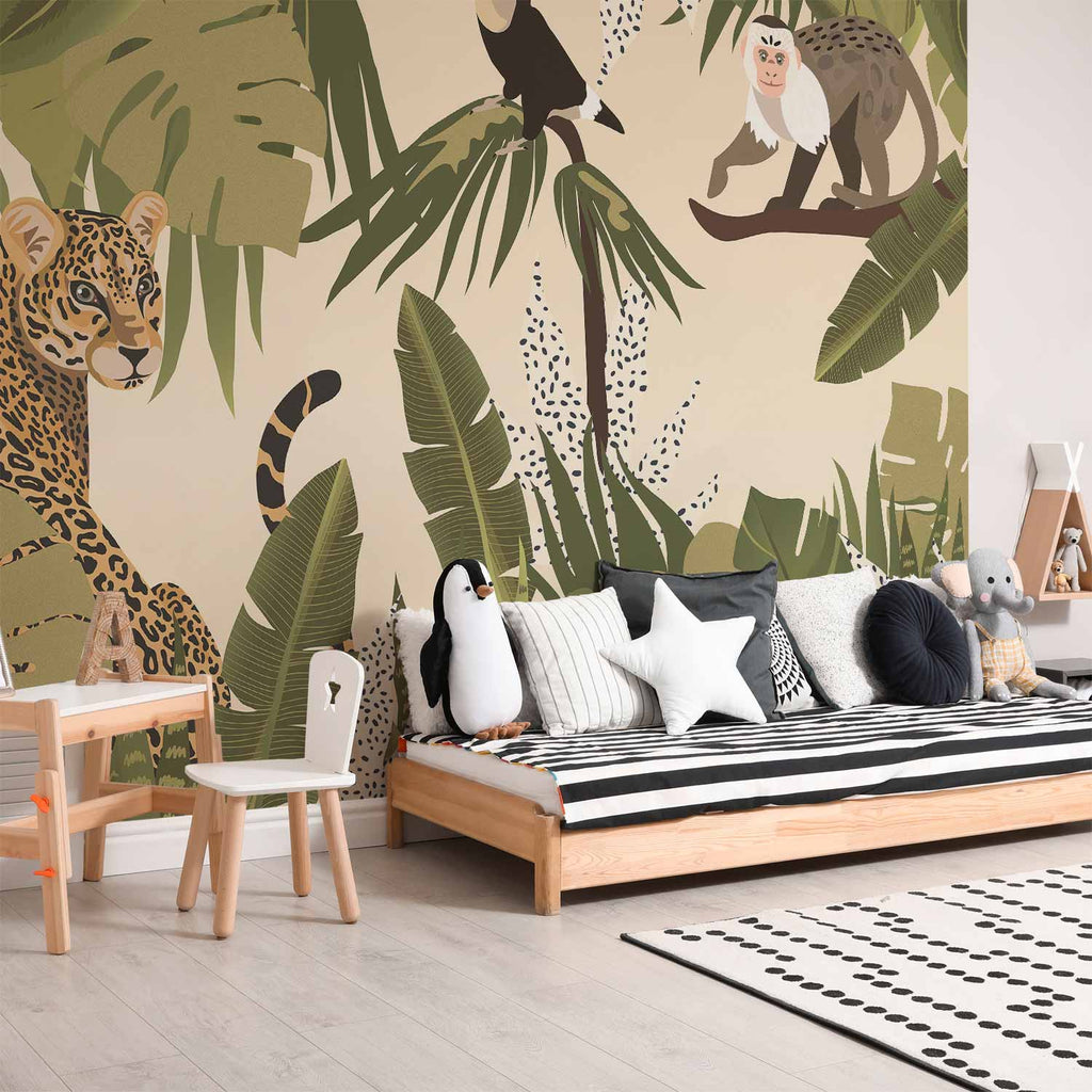Faded Jungle Leaves and Animals Wall Mural
