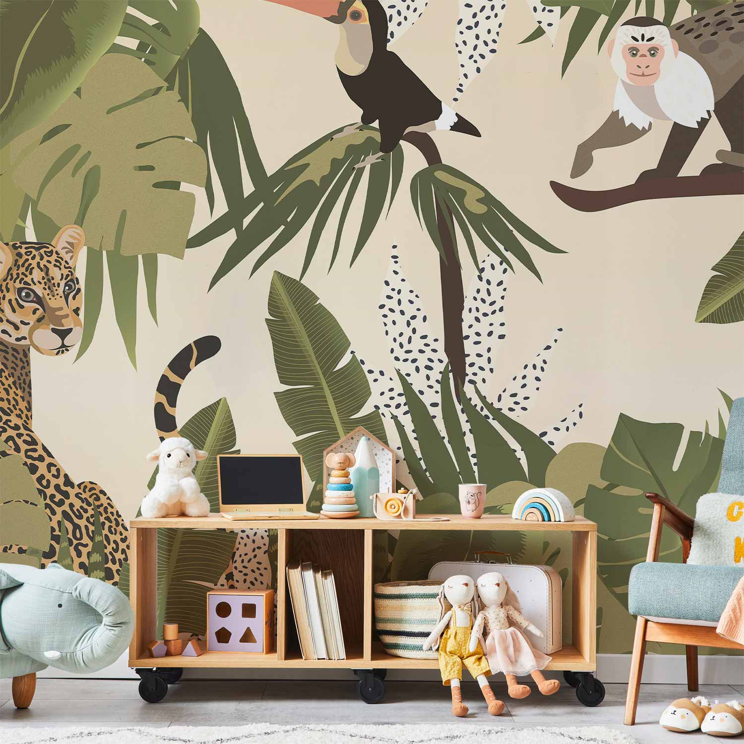 Faded Jungle Leaves and Animals Wall Mural