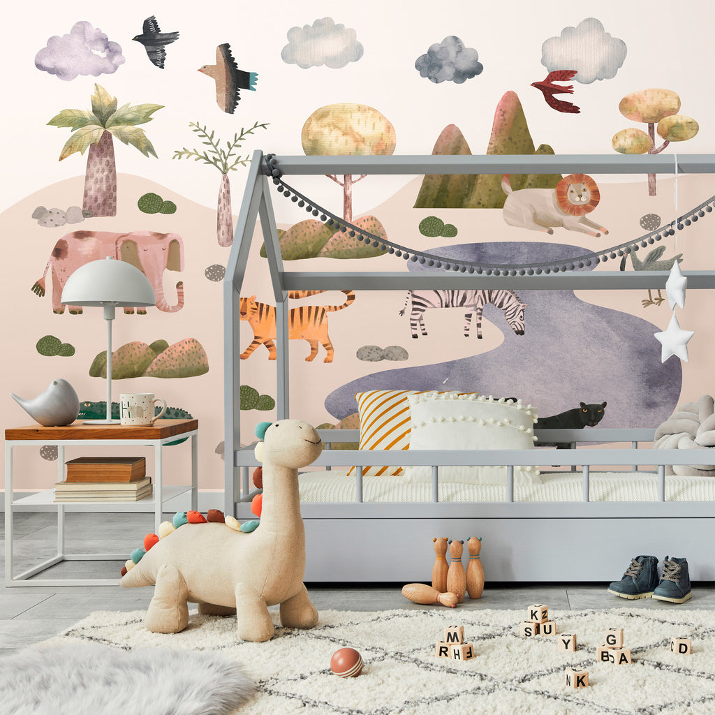 Wall Mural for Toddlers Savannah Animals in Pastel Colours