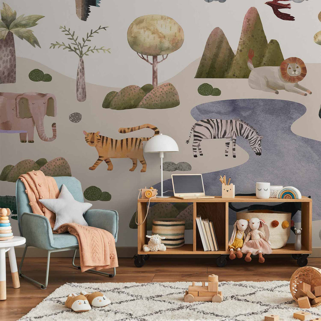 Wall Mural for Toddlers Savannah Animals in Pastel Colours