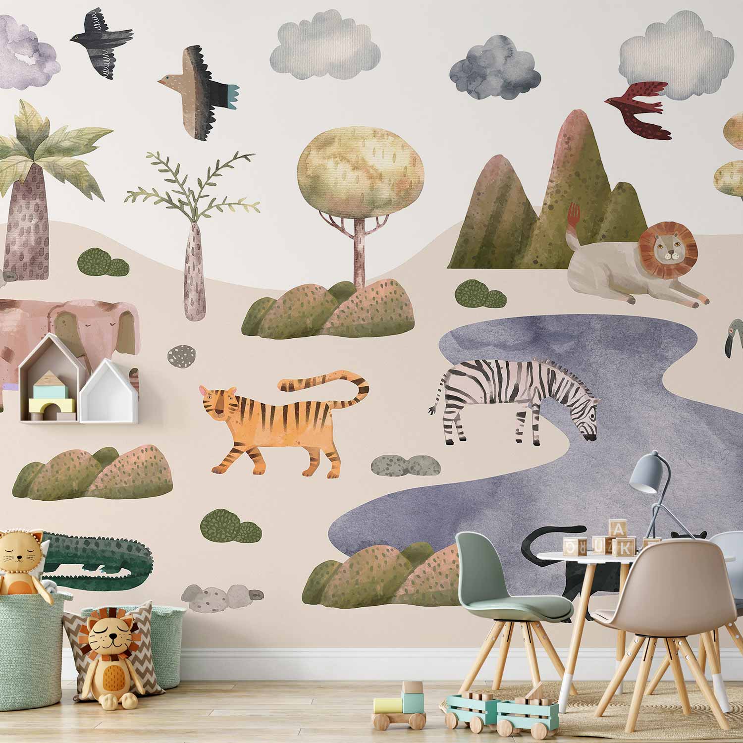 Pastel Safari Animals Kids Wall Mural