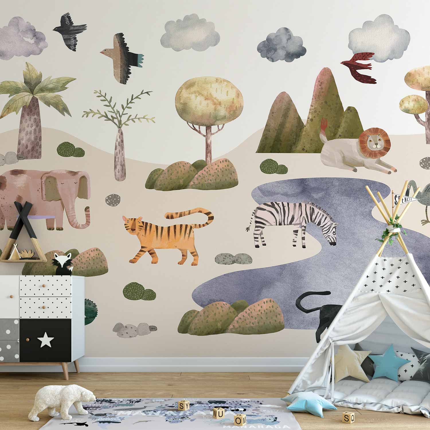 Wall Mural for Toddlers Savannah Animals in Pastel Colours