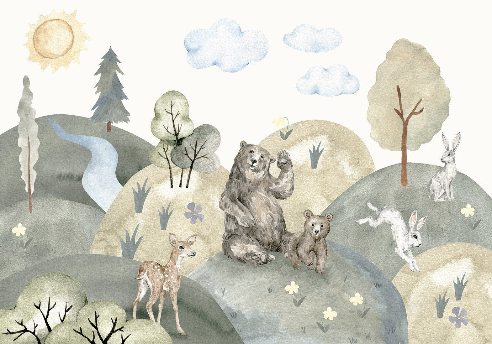 Wall Mural Green Hills with Watercolor Animals for Children