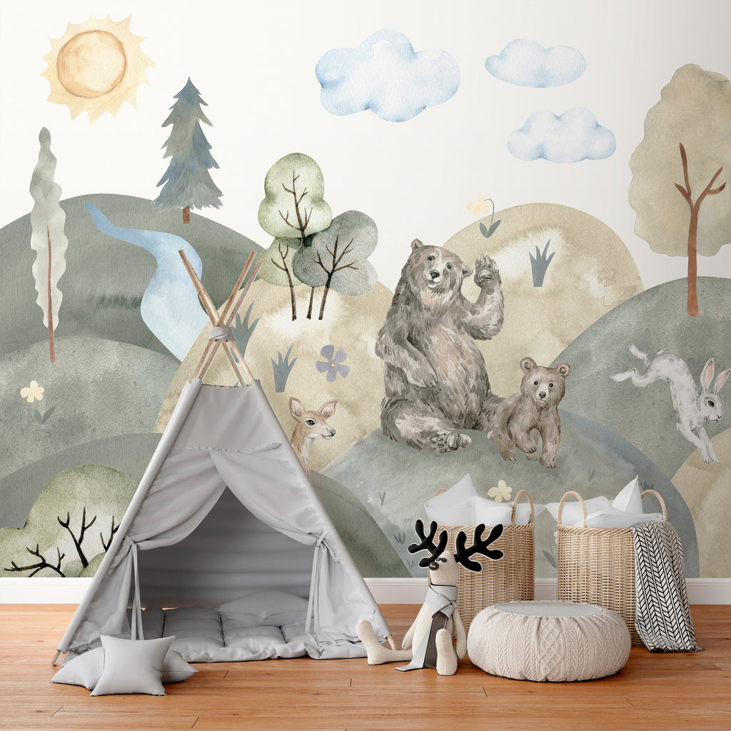 Wall Mural Green Hills with Watercolor Animals for Children