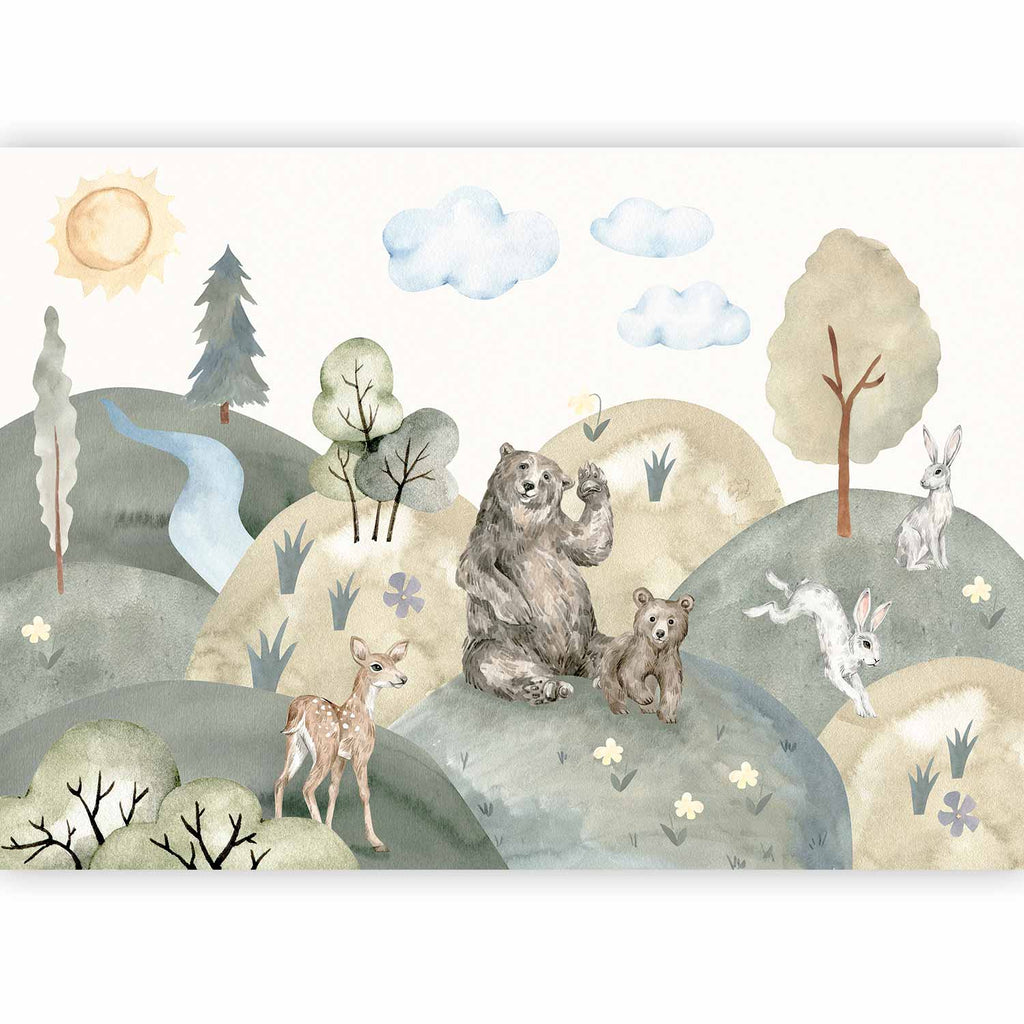 Wall Mural Green Hills with Watercolor Animals for Children