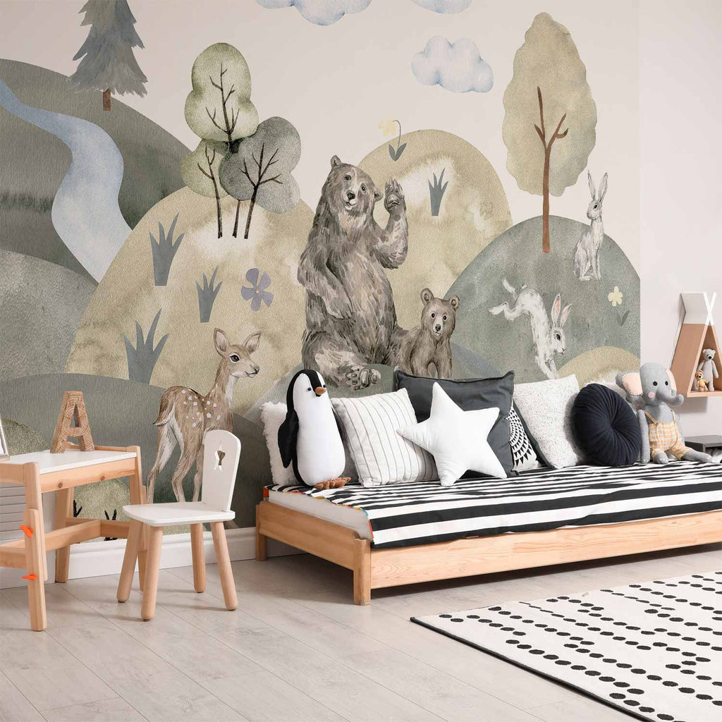 Watercolor Green Hills Animal Valley Wall Mural