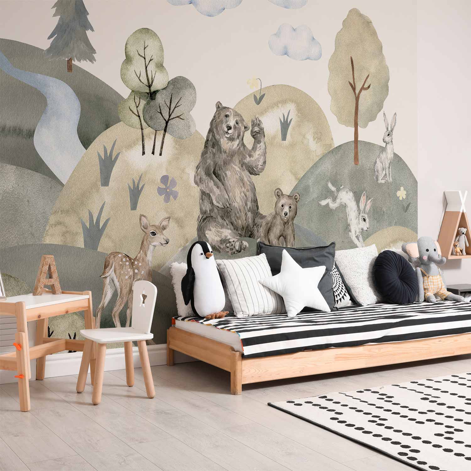 Watercolor Green Hills Animal Valley Wall Mural