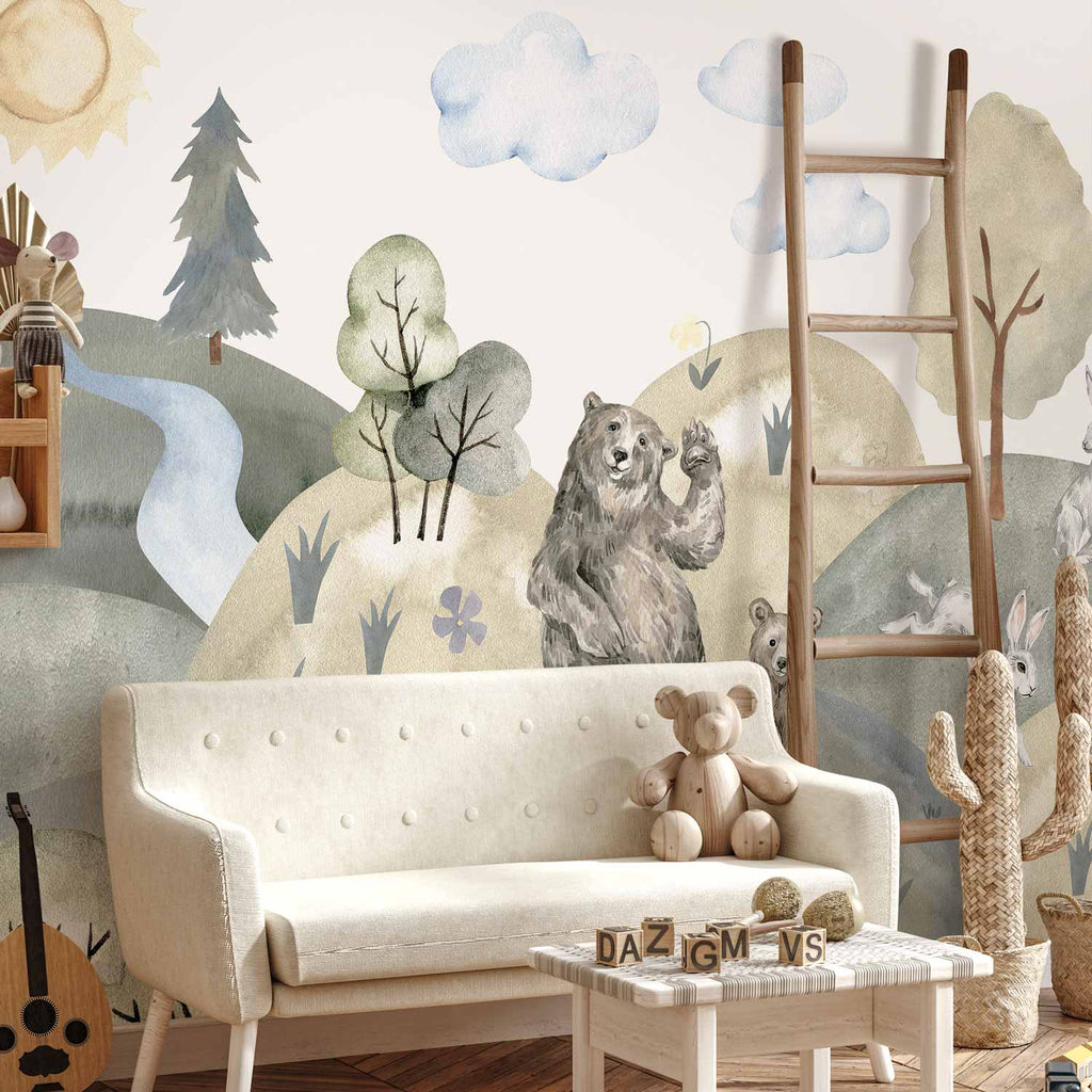 Watercolor Green Hills Animal Valley Wall Mural
