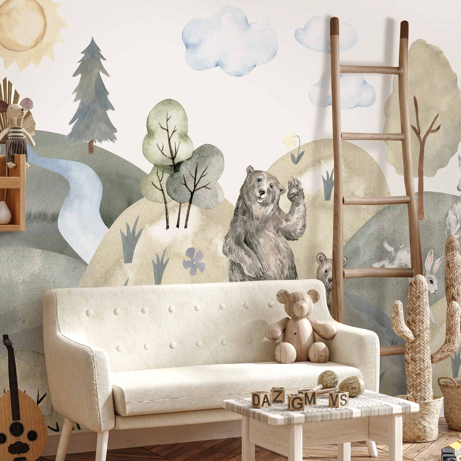 Watercolor Green Hills Animal Valley Wall Mural
