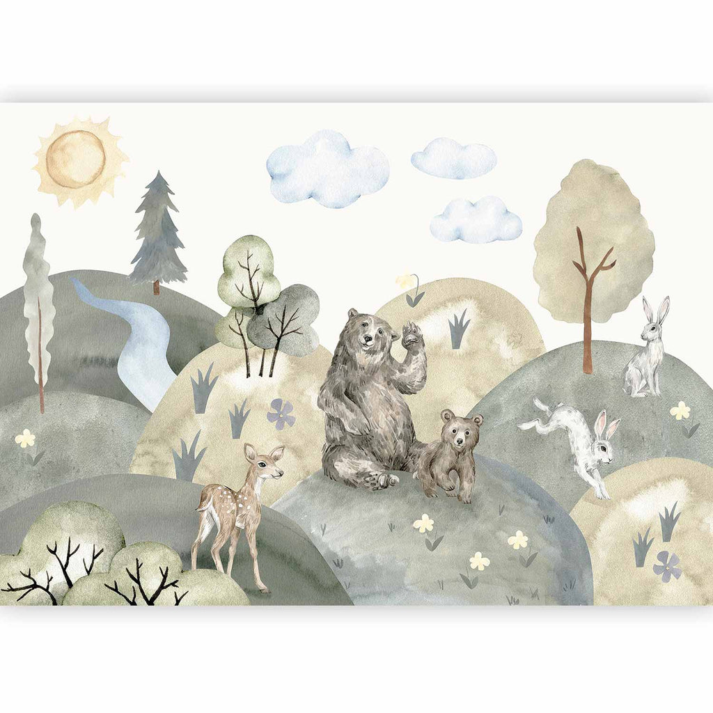 Wall Mural Green Hills with Watercolor Animals for Children