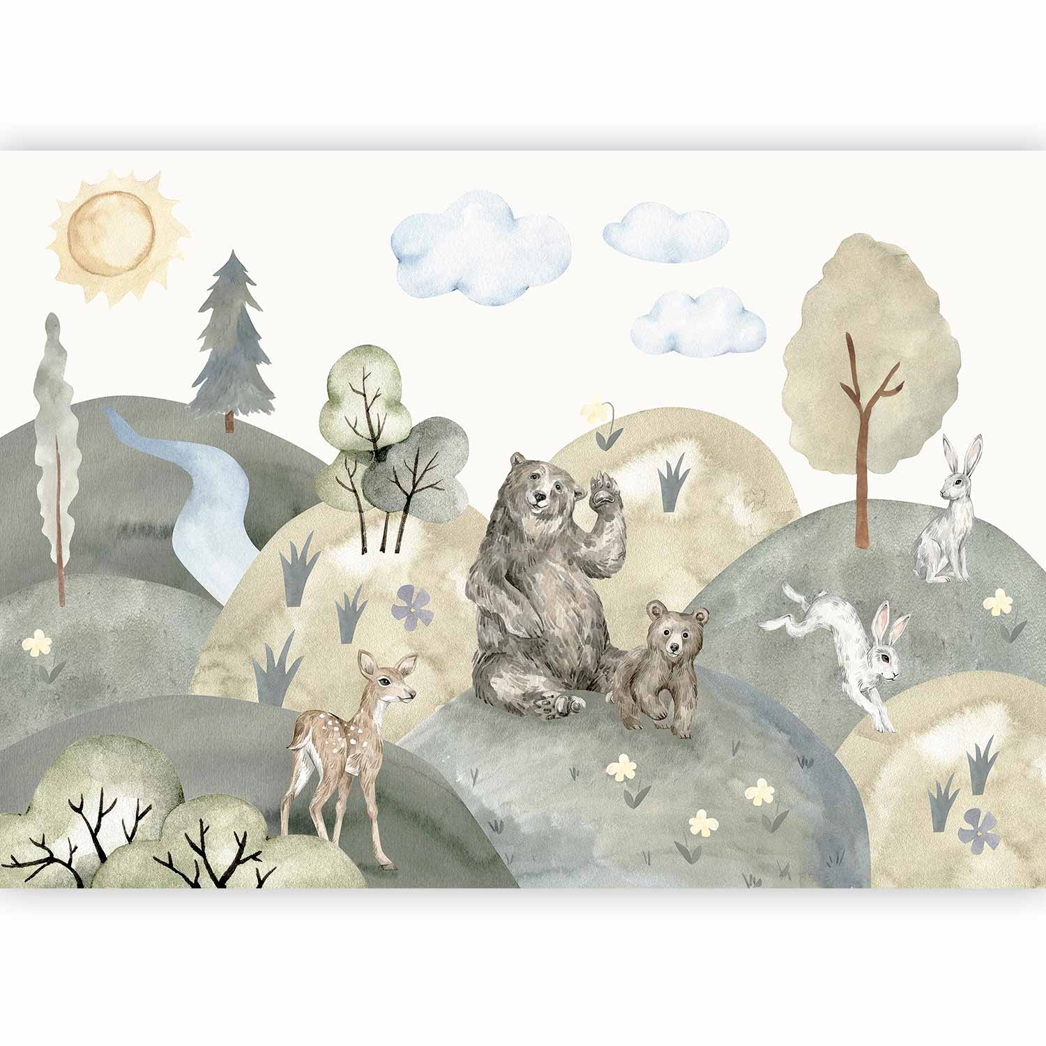 Wall Mural Green Hills with Watercolor Animals for Children