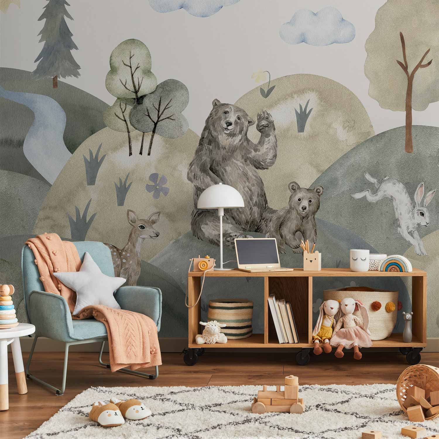 Wall Mural Green Hills with Watercolor Animals for Children