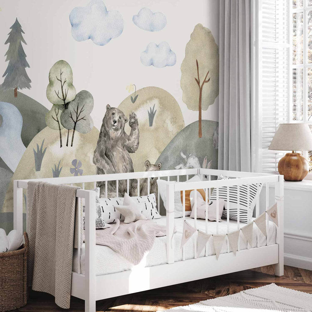 Watercolor Green Hills Animal Valley Wall Mural