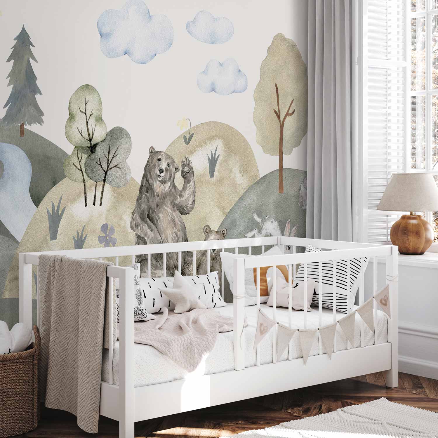 Watercolor Green Hills Animal Valley Wall Mural