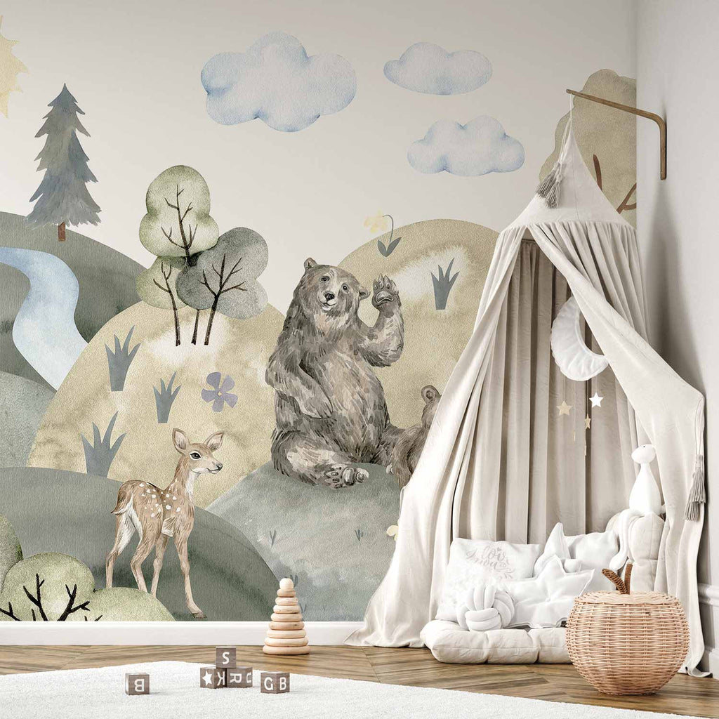 Watercolor Green Hills Animal Valley Wall Mural