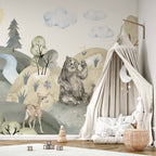 Watercolor Green Hills Animal Valley Wall Mural