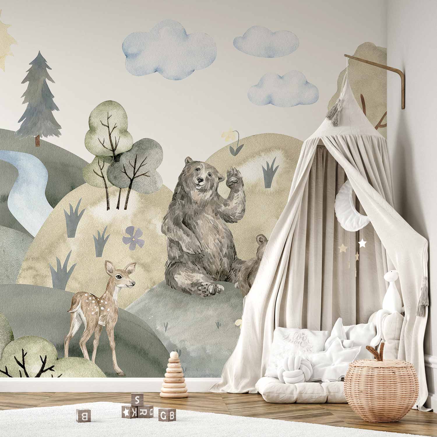Watercolor Green Hills Animal Valley Wall Mural