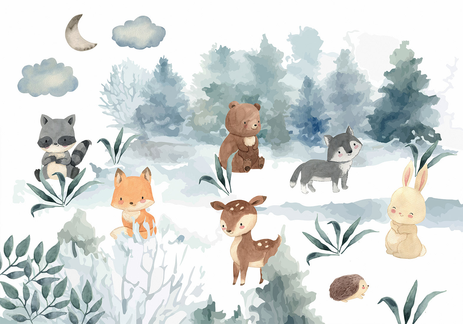 Wall Mural Forest Games Animals in Forest Watercolors