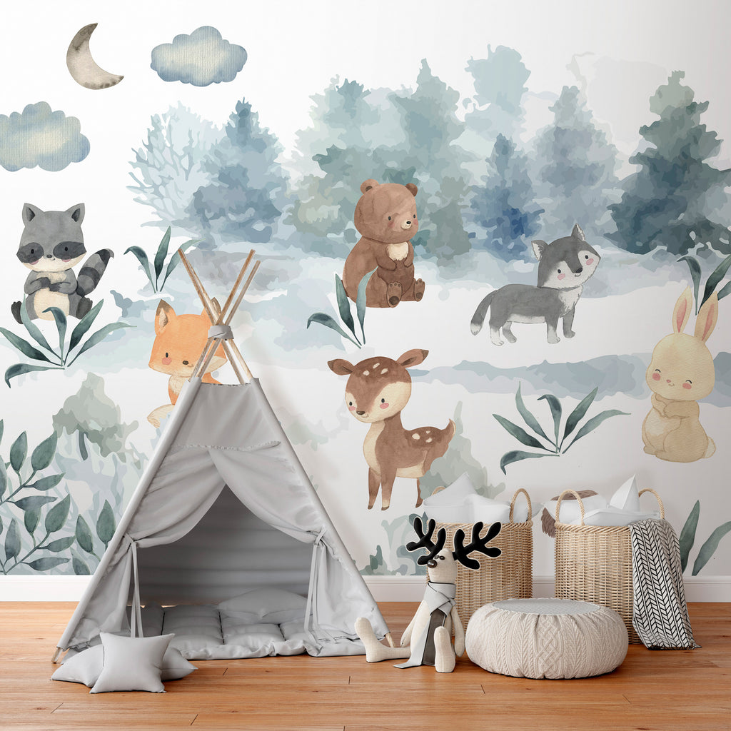 Wall Mural Forest Games Animals in Forest Watercolors