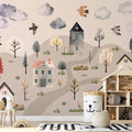 Pastel Scandinavian Valley Village Watercolor Wall Mural