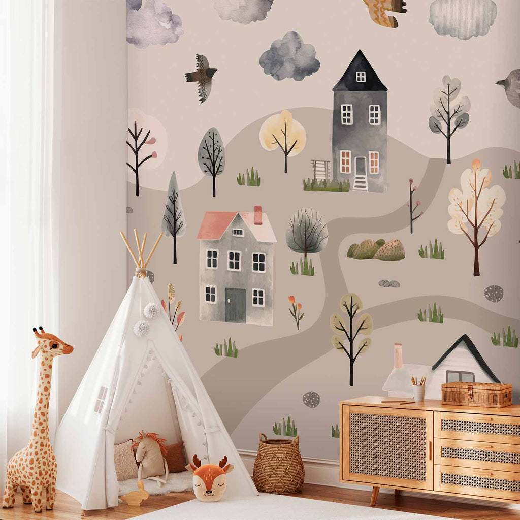 Pastel Scandinavian Valley Village Watercolor Wall Mural