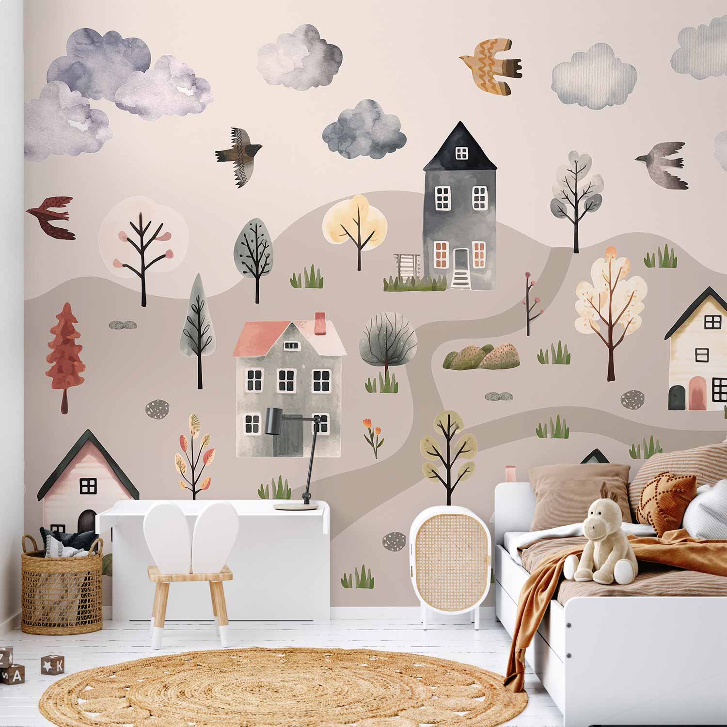 Pastel Scandinavian Valley Village Watercolor Wall Mural