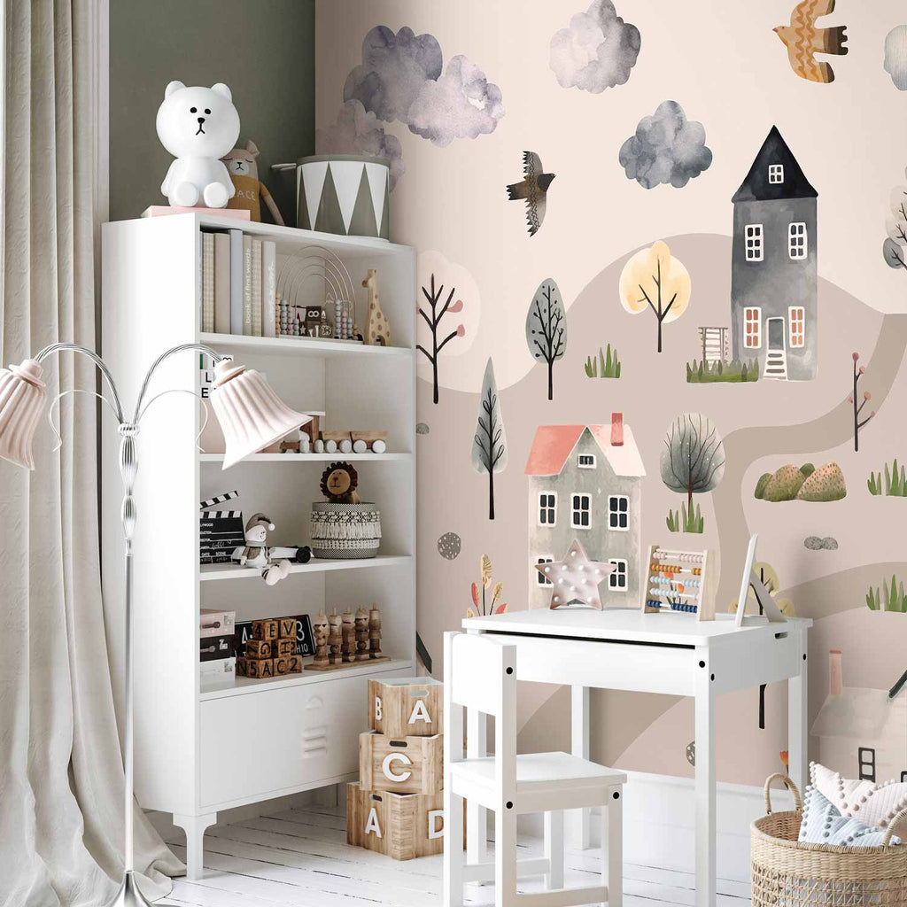 Pastel Scandinavian Valley Village Watercolor Wall Mural