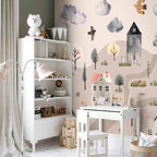 Pastel Scandinavian Valley Village Watercolor Wall Mural