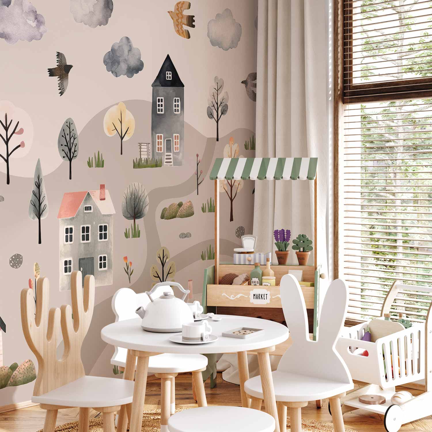 Pastel Scandinavian Valley Village Watercolor Wall Mural