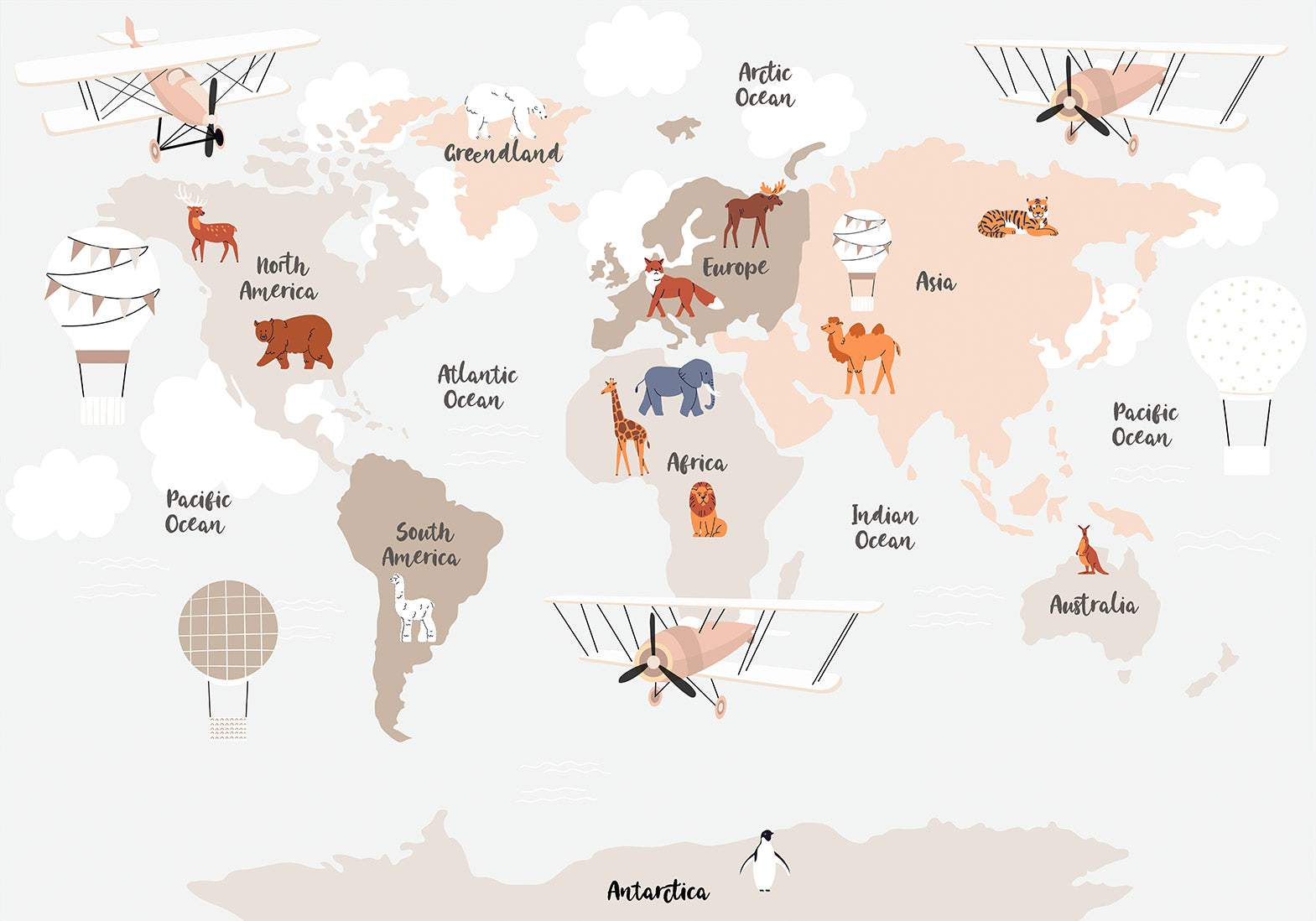 Wall Mural World Map Beige Tones for Children's Room