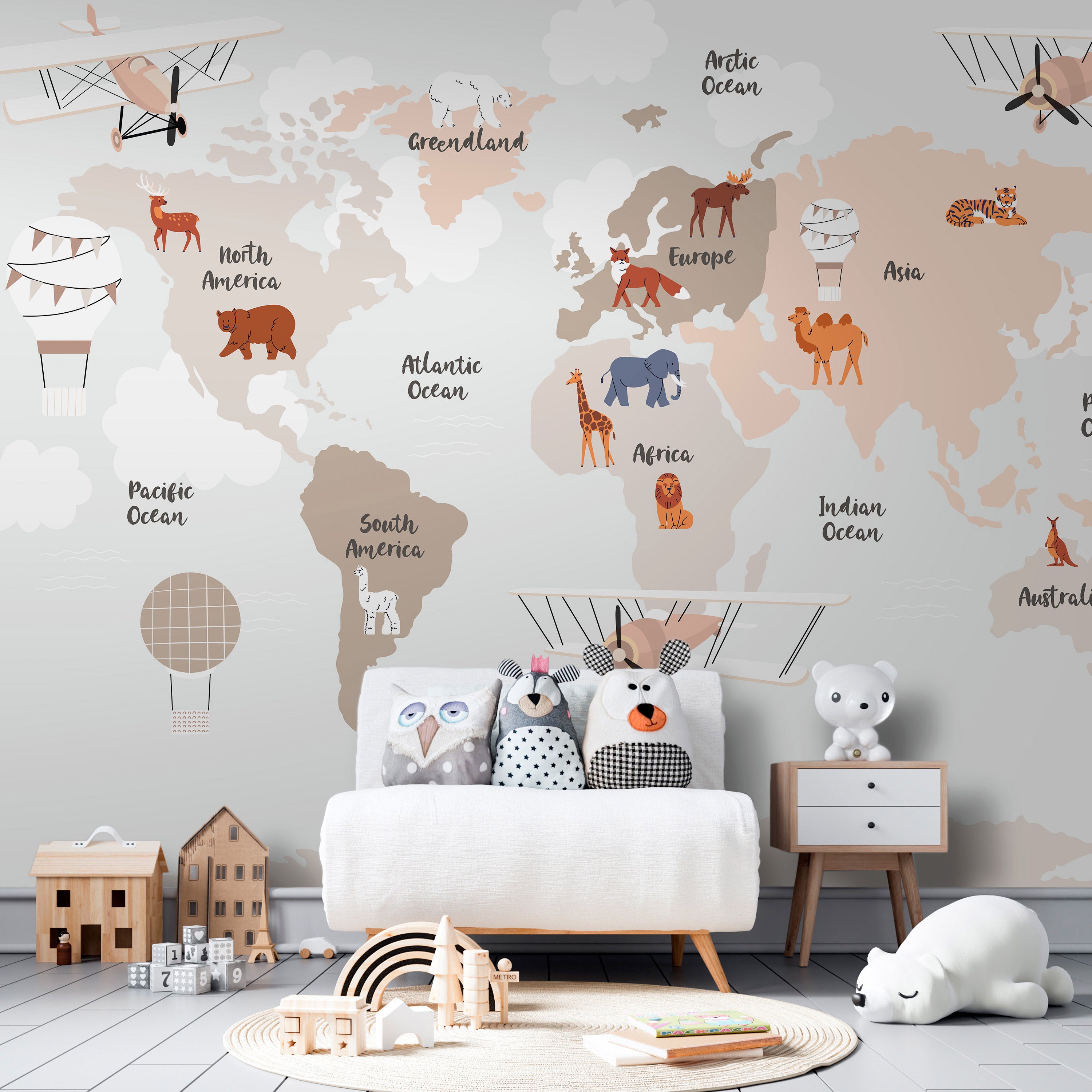 Wall Mural World Map Beige Tones for Children's Room