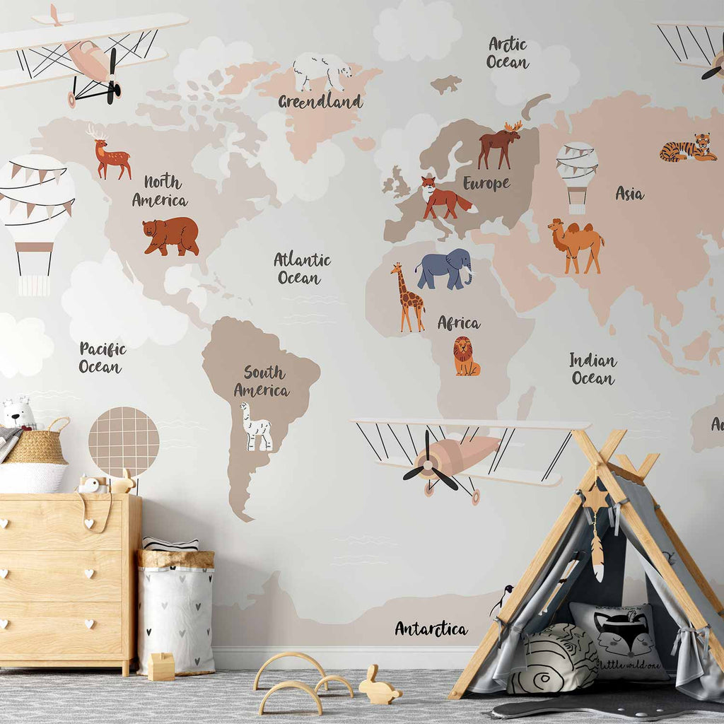 Wall Mural World Map Beige Tones for Children's Room