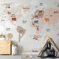 Beige World Map Wall Mural for Children's Room