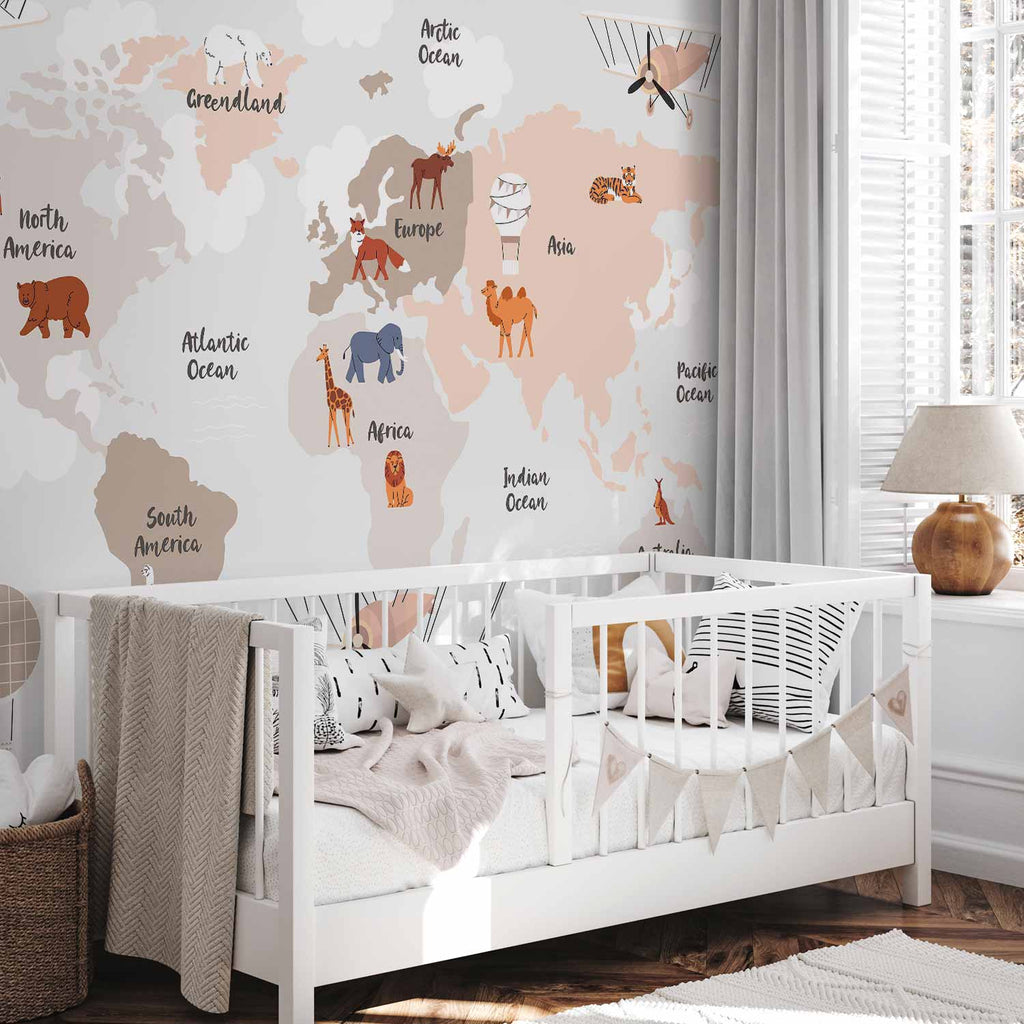 Beige World Map Wall Mural for Children's Room