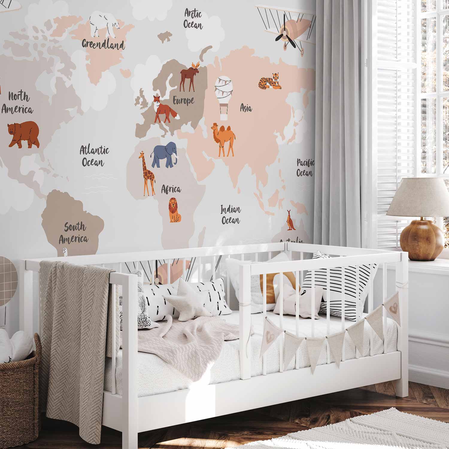 Beige World Map Wall Mural for Children's Room