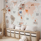Beige World Map Wall Mural for Children's Room
