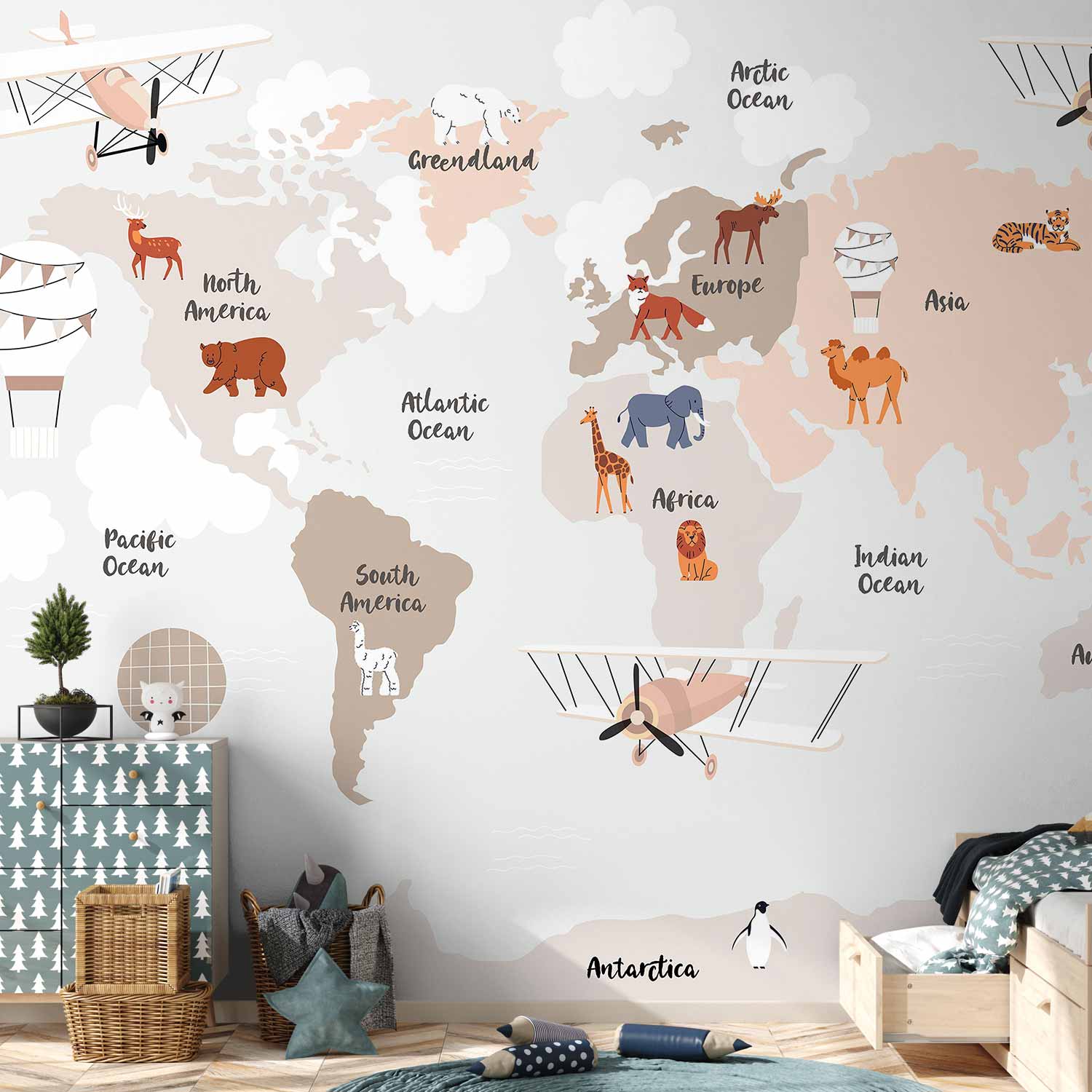 Wall Mural World Map Beige Tones for Children's Room