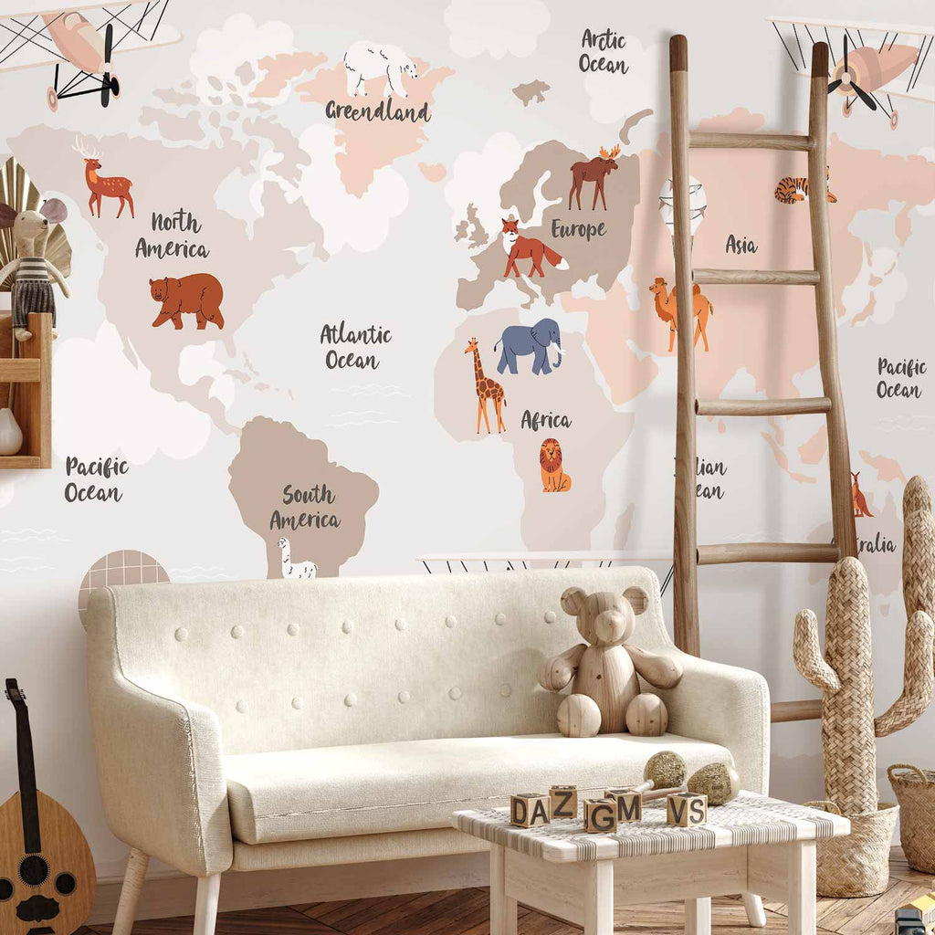 Beige World Map Wall Mural for Children's Room