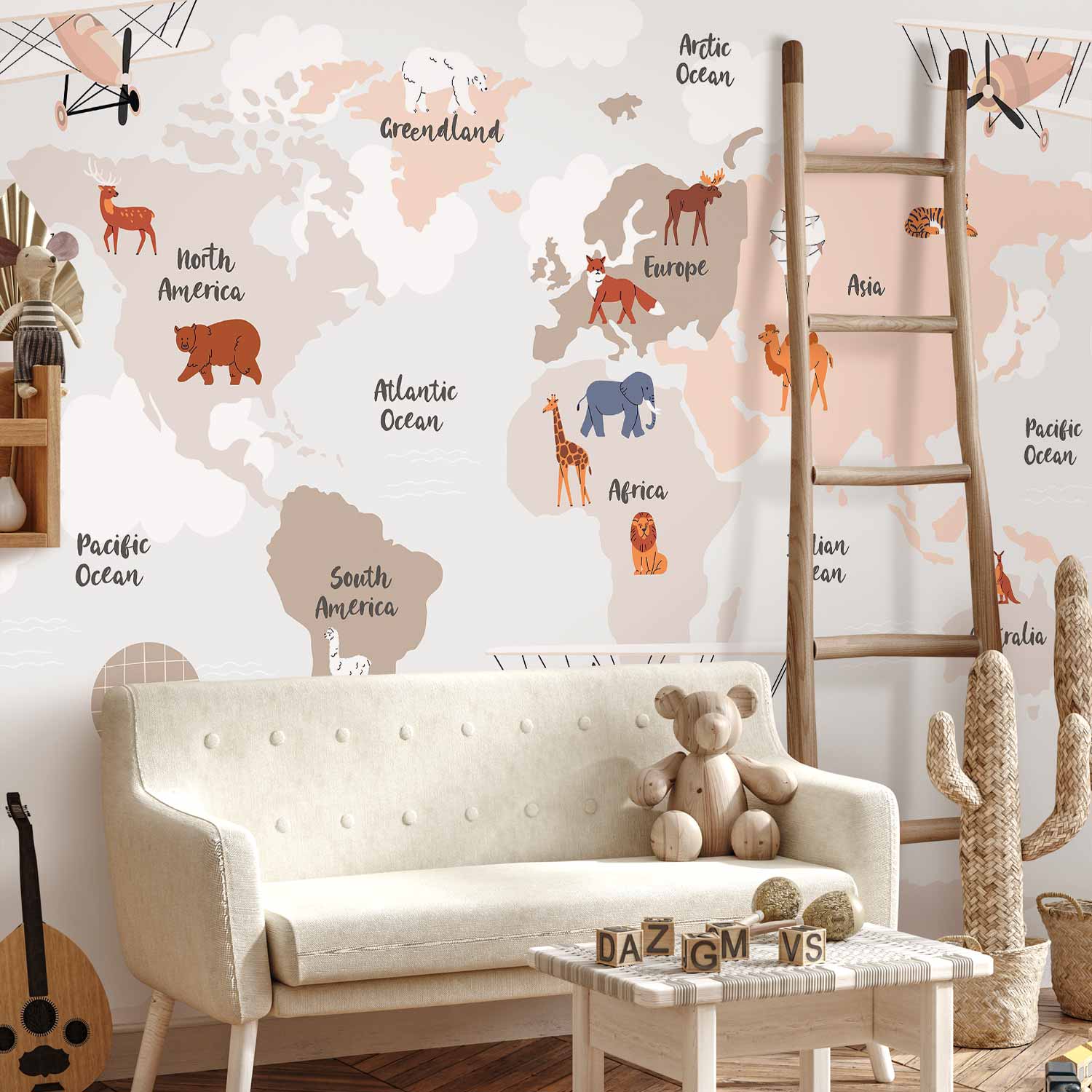 Beige World Map Wall Mural for Children's Room