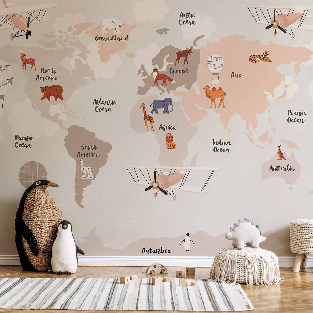 Beige World Map Wall Mural for Children's Room