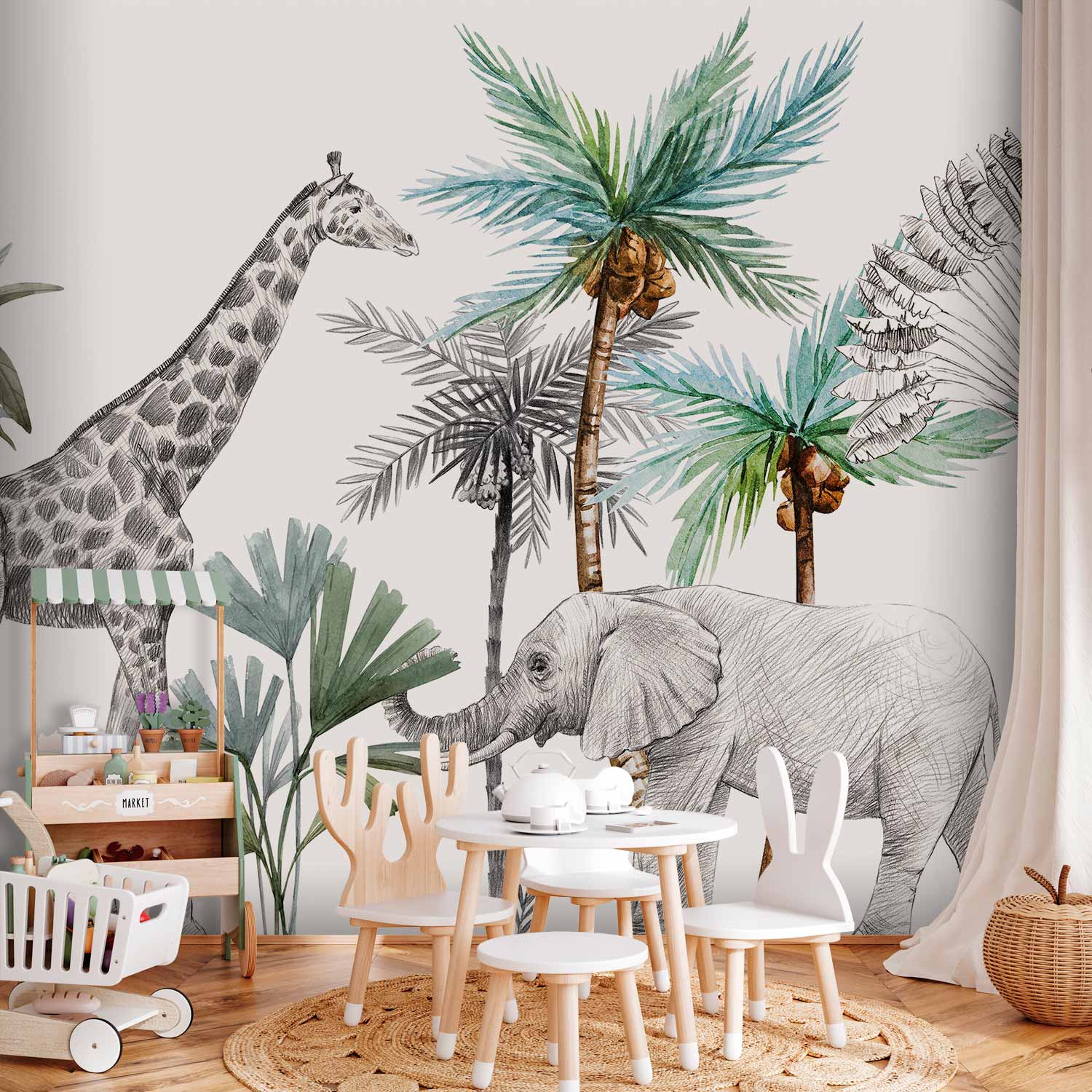 Wall Mural Jungle Animals Cartoon Style for Children's Room