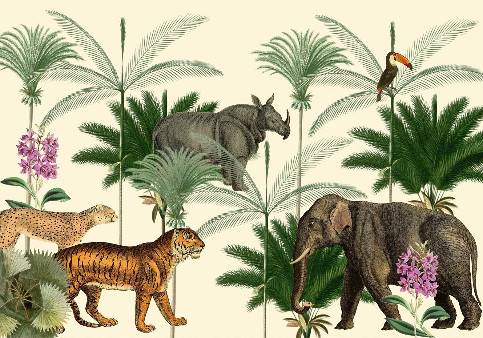 Wall Mural Jungle Land With Animals in the Style of Old Engravings