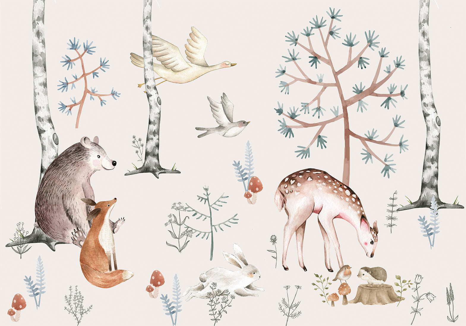 Wall Mural Forest Land With Animals Watercolour